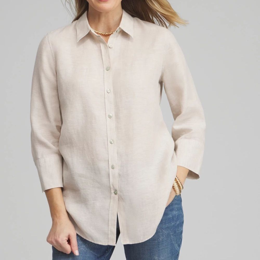 Chico’s No Iron Classic Linen 3/4 Sleeve Natural Beige Button-Up Shirt Size XL20